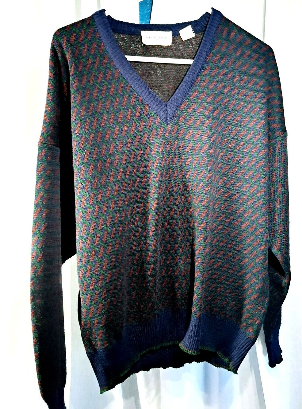 Vintage Wool Mix Murano Grandpa Sweater Mens Large Navy Blue Green Maroon V Neck